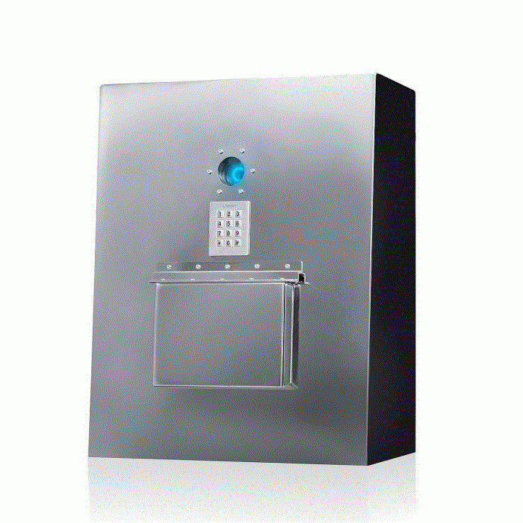 LivionKey30Outdoor Schlüsselausgabeautomat mit Edelstahl-Gehäuse und Tastatur und Kamera.