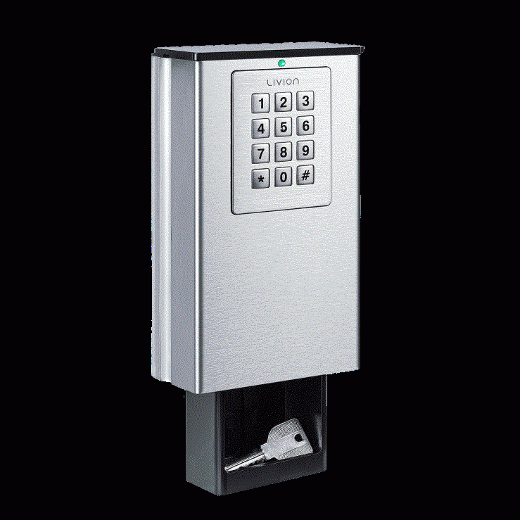 LivionKeyOne Ein silberner Schlüsselkasten mit Zahlenfeld und darunter einem Ablagefach mit einem Schlüssel.